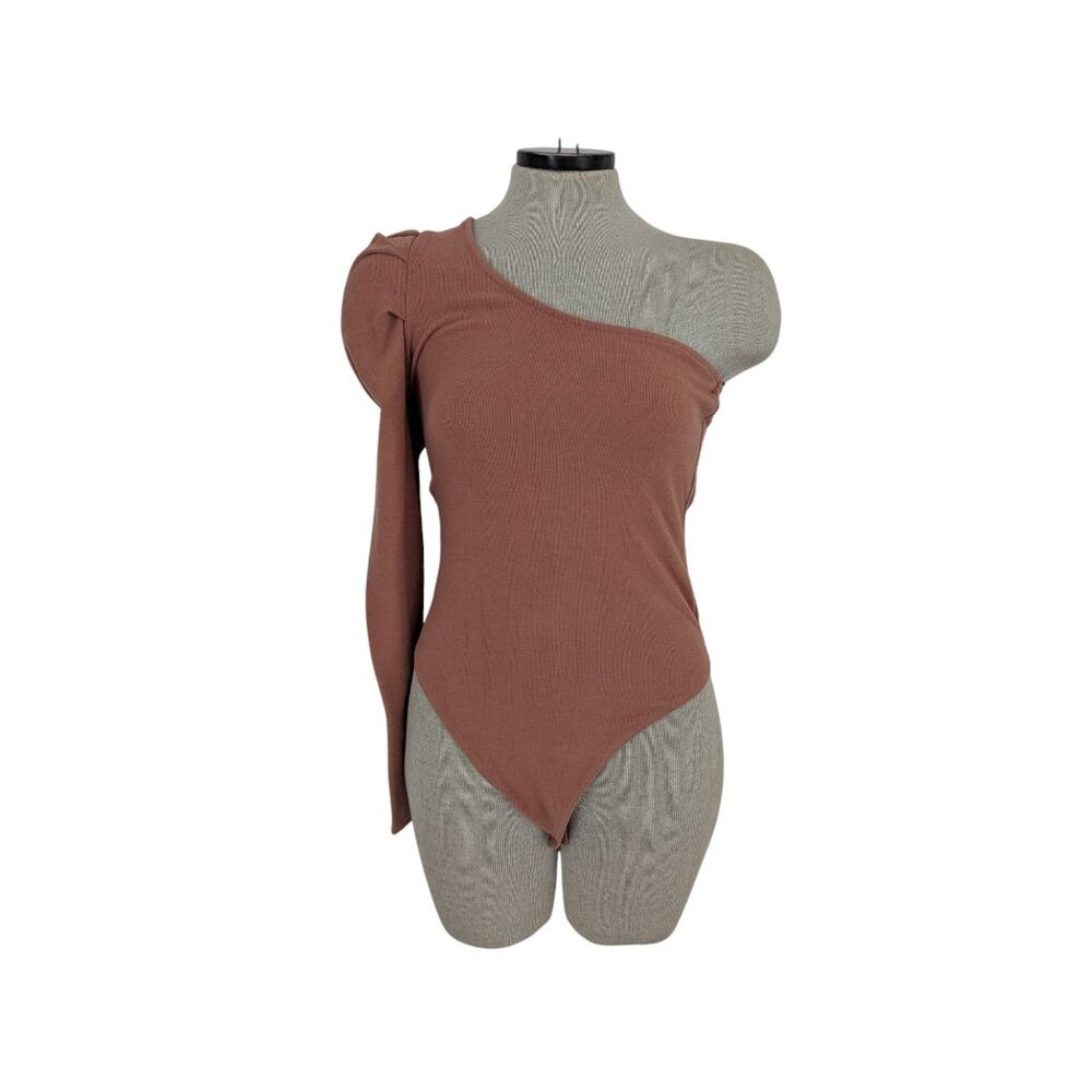 One-Shoulder Rose Color Long Sleeve Bodysuit Glam Los Angeles New- 712lp